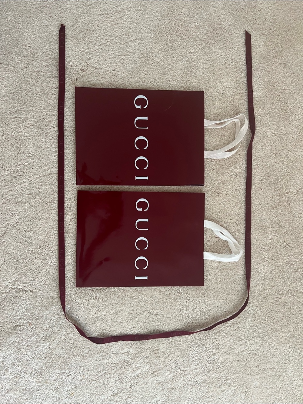 Gucci Burgundy Shopping Bags with White Logo and Handles